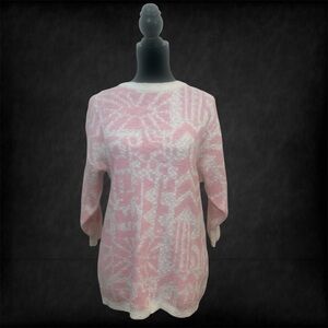Genesis Women's S Vintage Knit Sweater Pastel Pink White Geometric 3/4 Sleeves